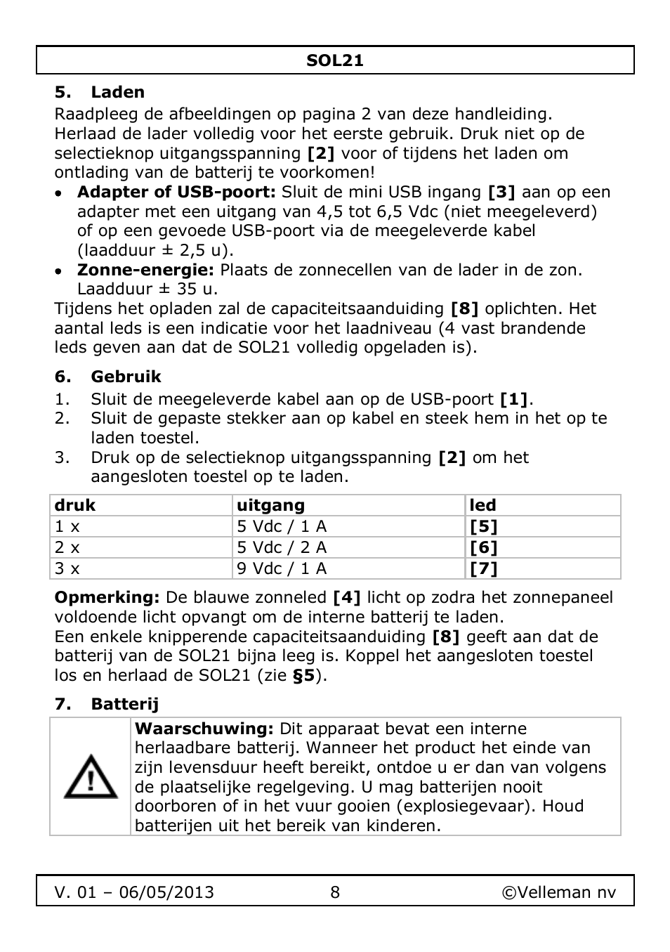 Laden, Gebruik, Batterij | Velleman SOL21 User Manual | Page 8 / 28