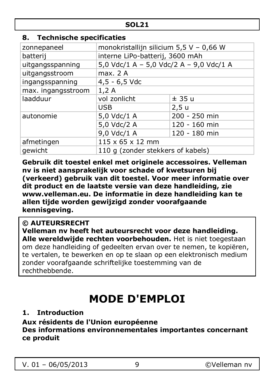 Technische specificaties, Mode d'emploi, Introduction | Velleman SOL21 User Manual | Page 9 / 28