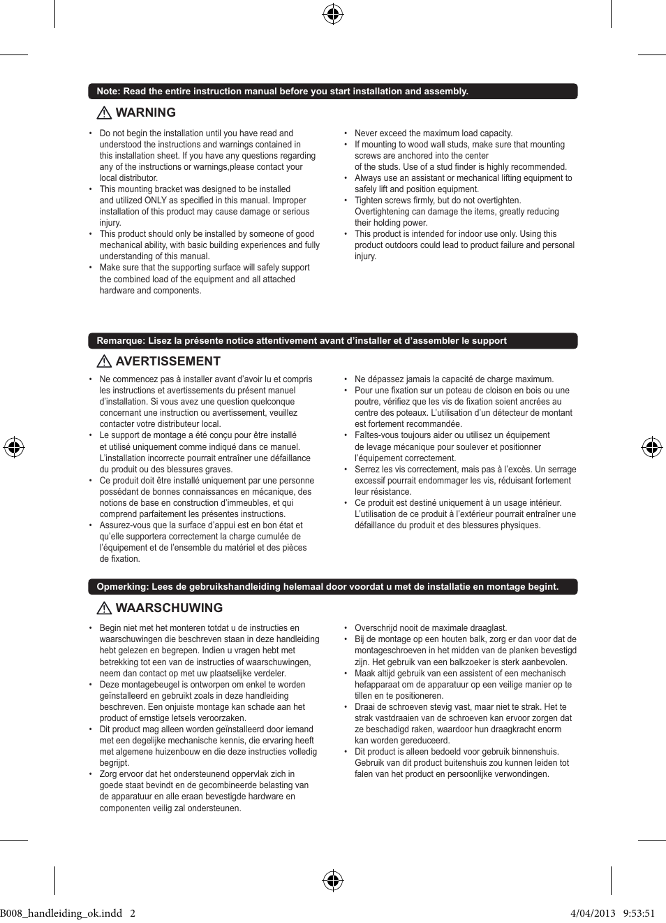 Warning avertissement waarschuwing | Velleman WB008 User Manual | Page 2 / 11