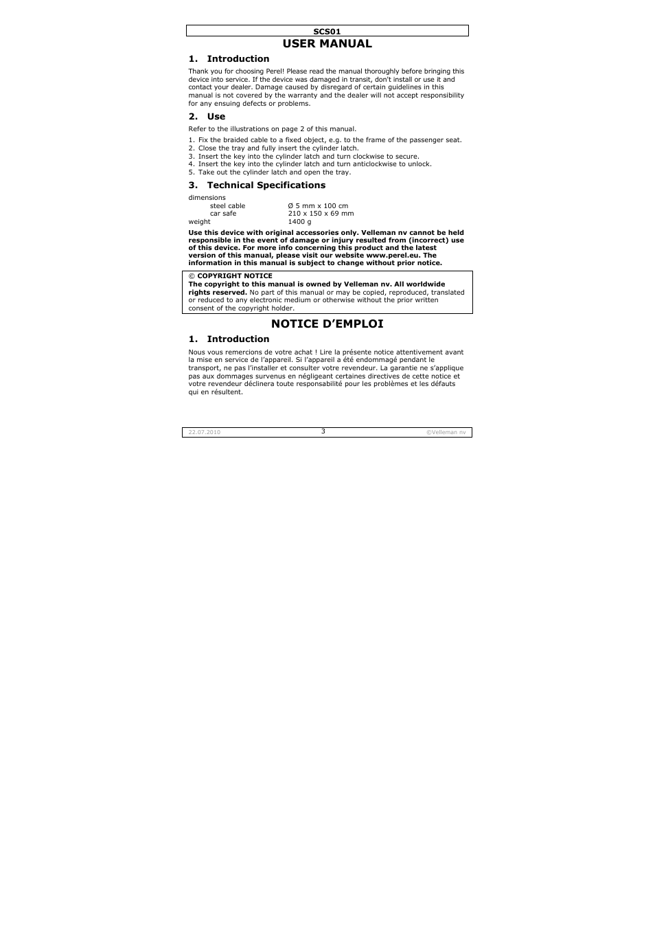 User manual, Notice d’emploi | Velleman SCS01 User Manual | Page 3 / 11