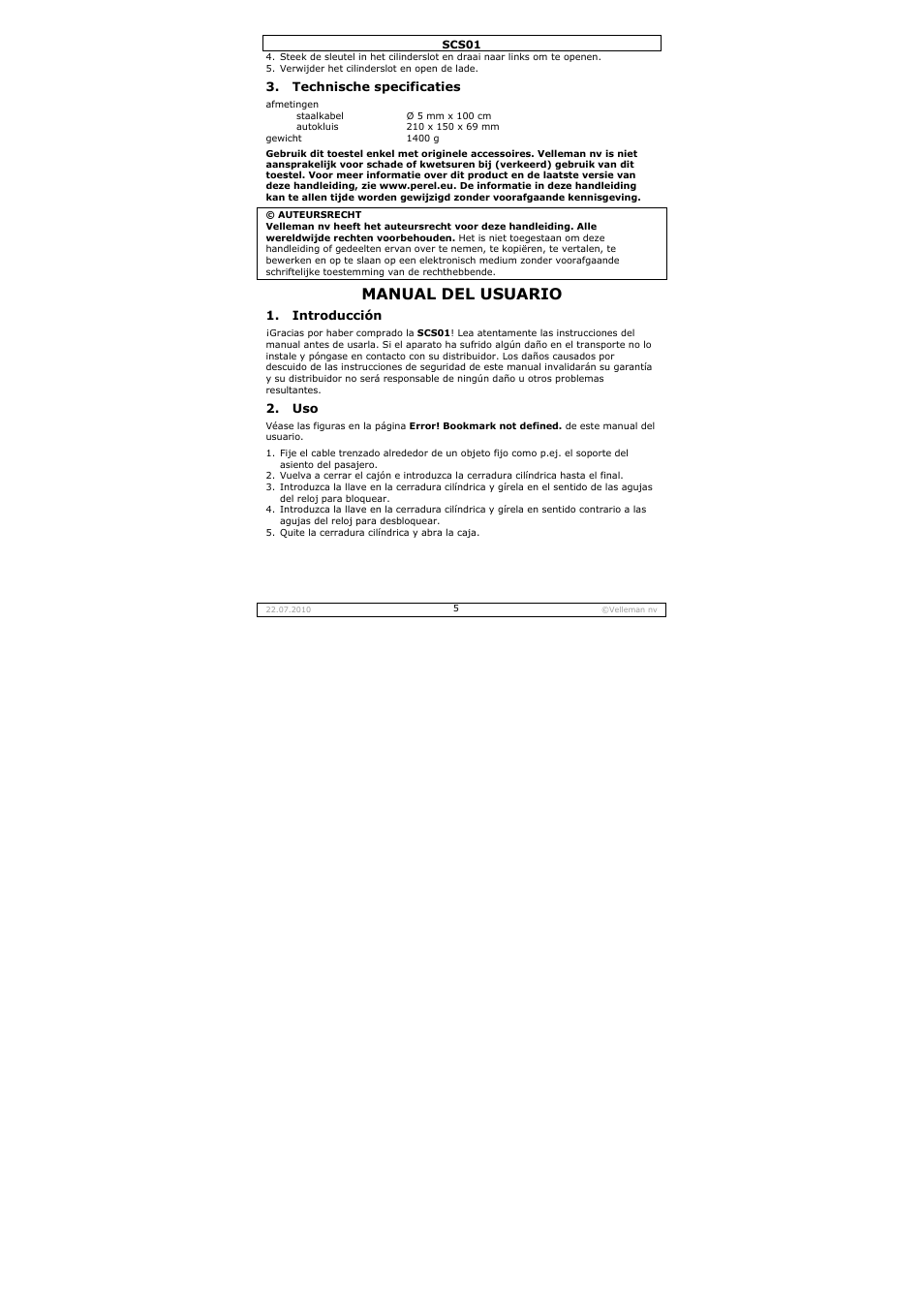 Manual del usuario | Velleman SCS01 User Manual | Page 5 / 11