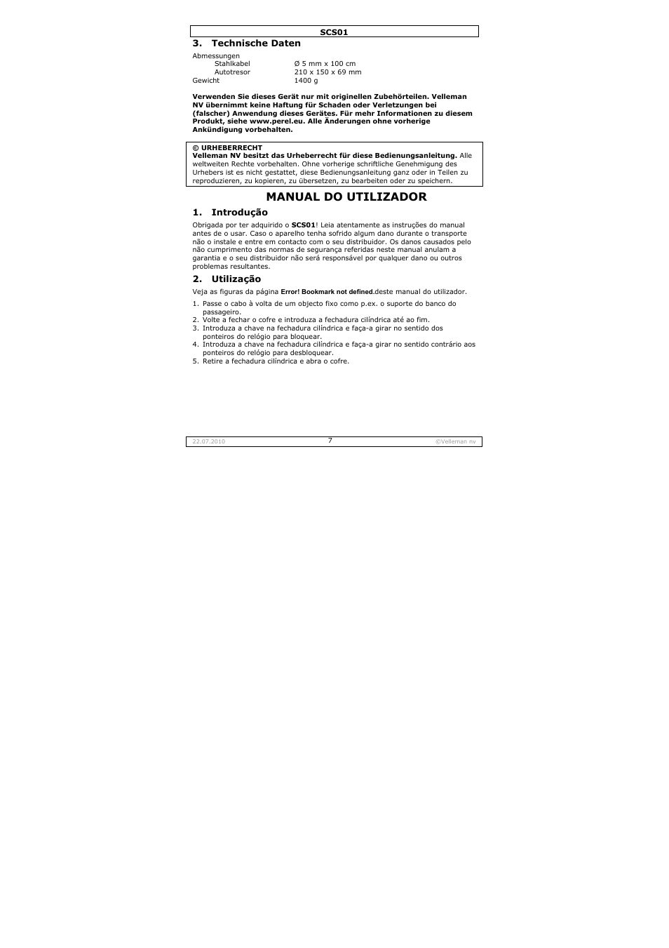 Manual do utilizador | Velleman SCS01 User Manual | Page 7 / 11