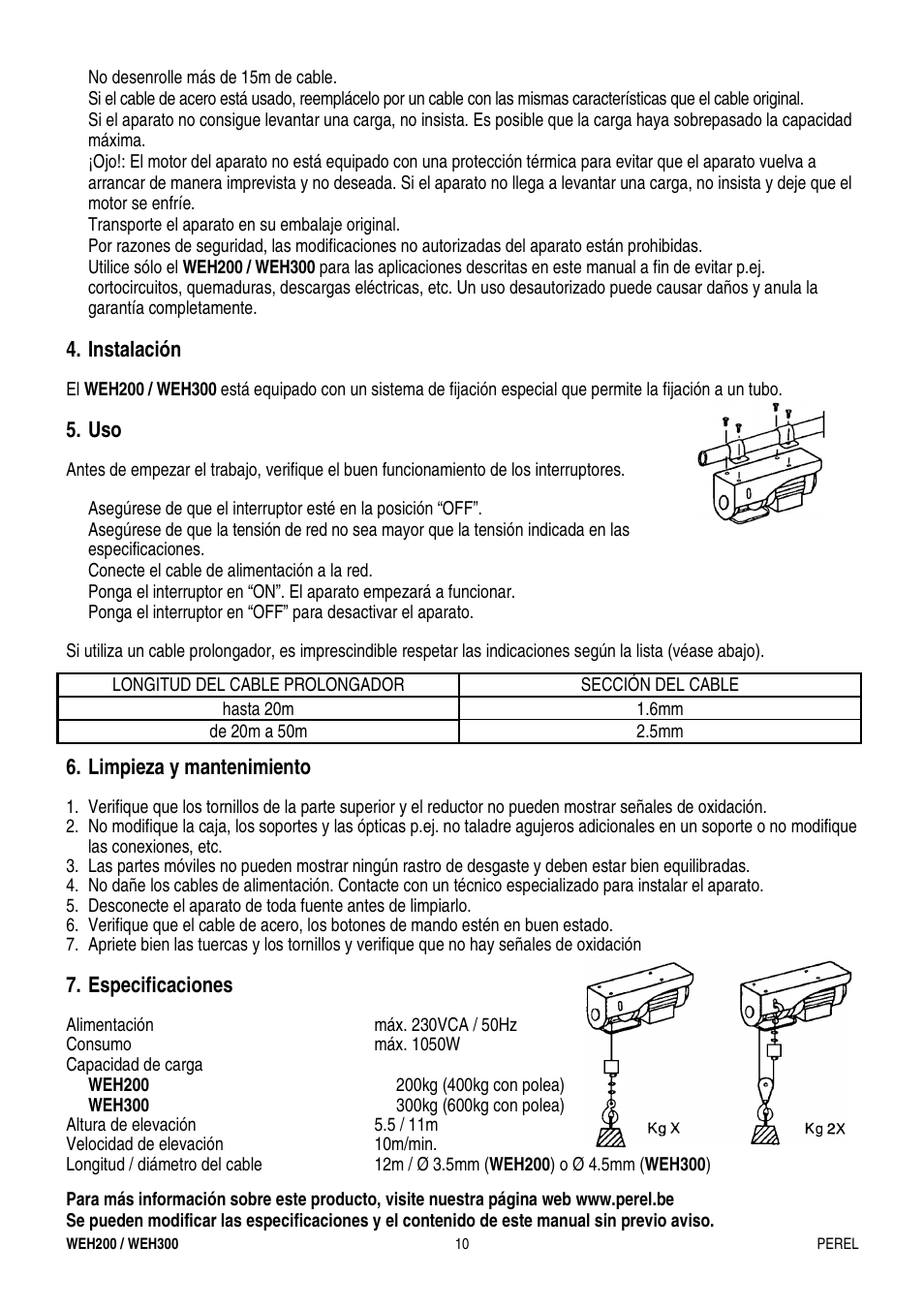 Instalación, Limpieza y mantenimiento, Especificaciones | Velleman WEH200 User Manual | Page 10 / 16