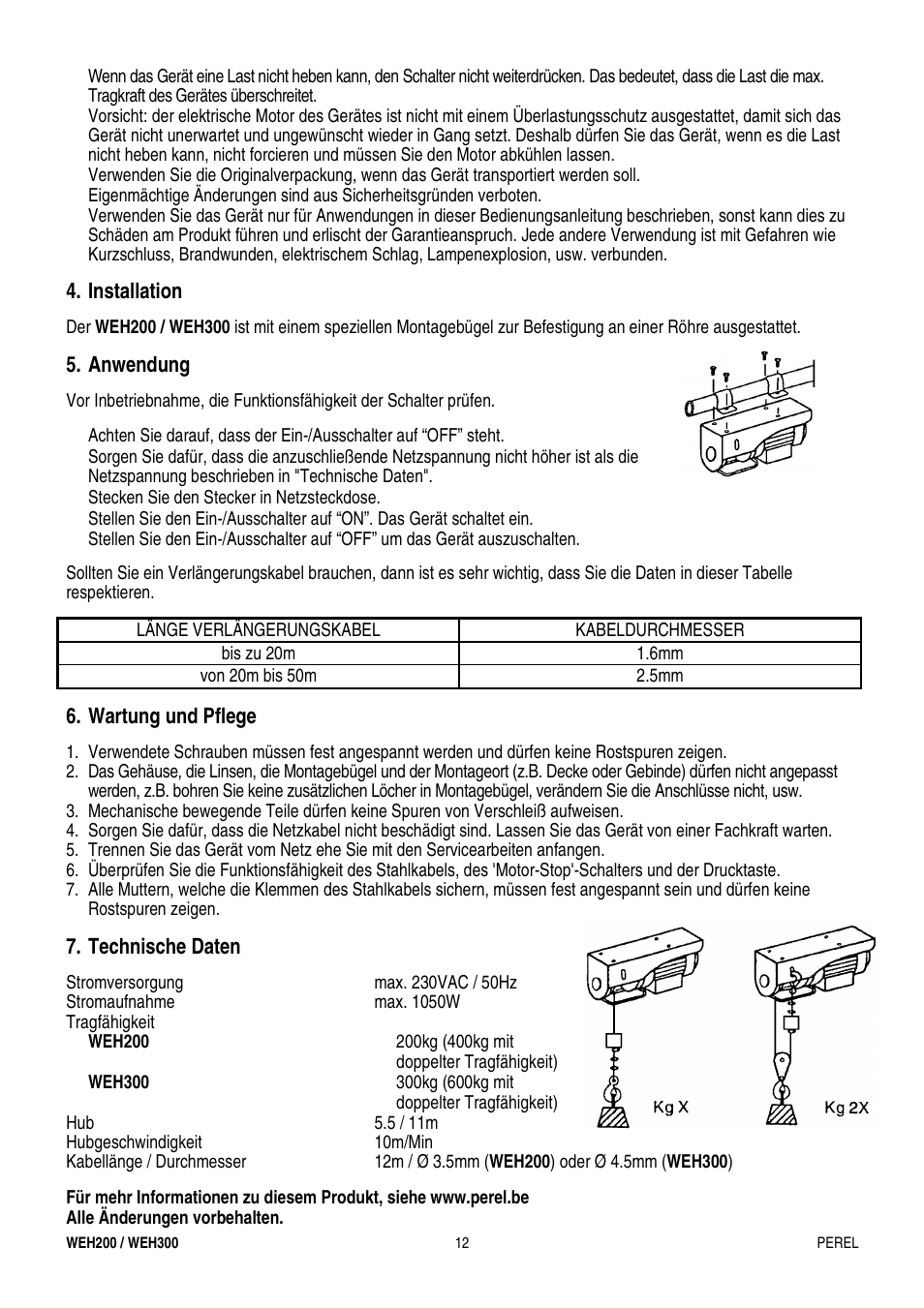 Installation, Anwendung, Wartung und pflege | Technische daten | Velleman WEH200 User Manual | Page 12 / 16