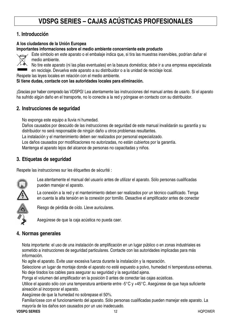 Vdspg series – cajas acústicas profesionales | Velleman VDSPG15 User Manual | Page 12 / 17