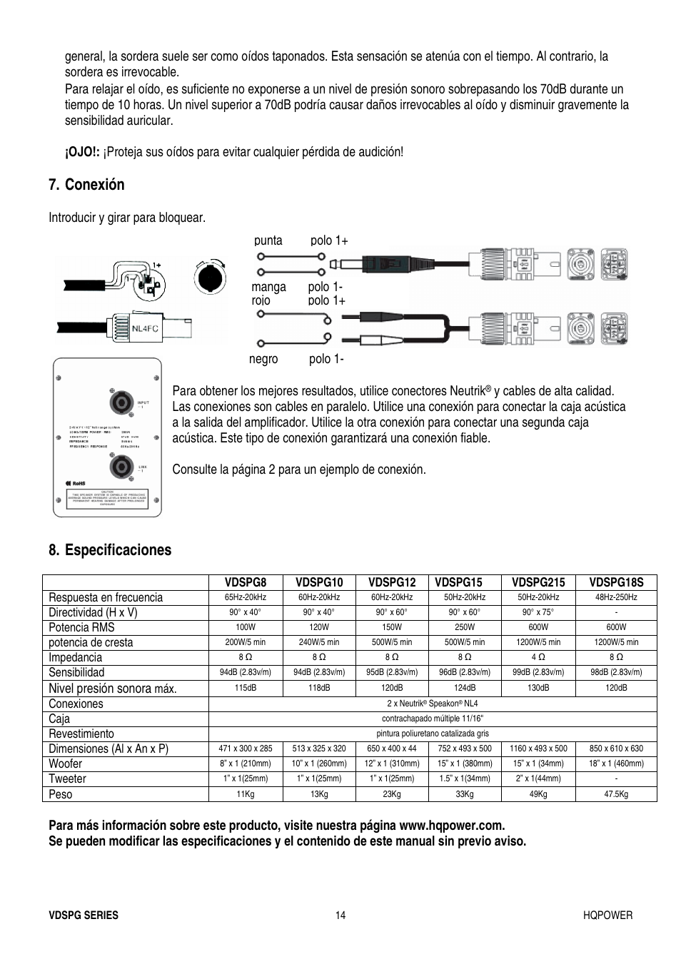 Conexión, Especificaciones, Nivel presión sonora | Velleman VDSPG15 User Manual | Page 14 / 17