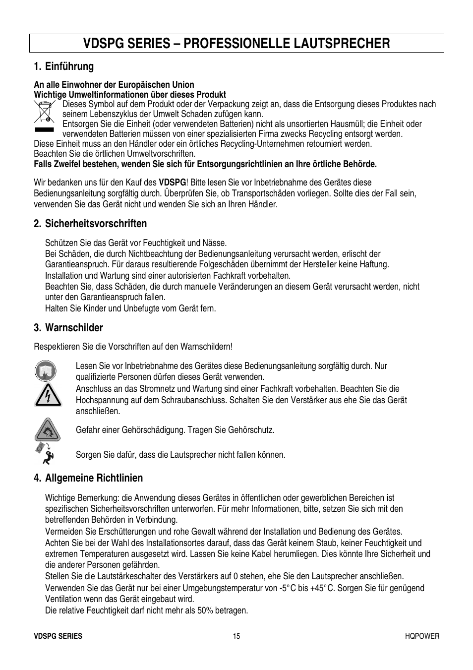 Vdspg series – professionelle lautsprecher, Einführung, Sicherheitsvorschriften | Warnschilder, Allgemeine richtlinien | Velleman VDSPG15 User Manual | Page 15 / 17