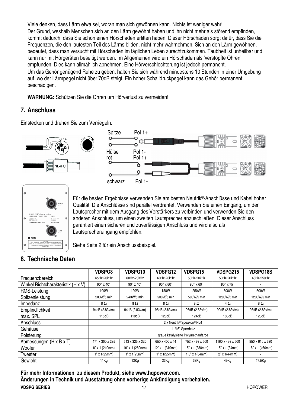 Anschluss, Technische daten, Einstecken und drehen sie zum verriegeln | Velleman VDSPG15 User Manual | Page 17 / 17