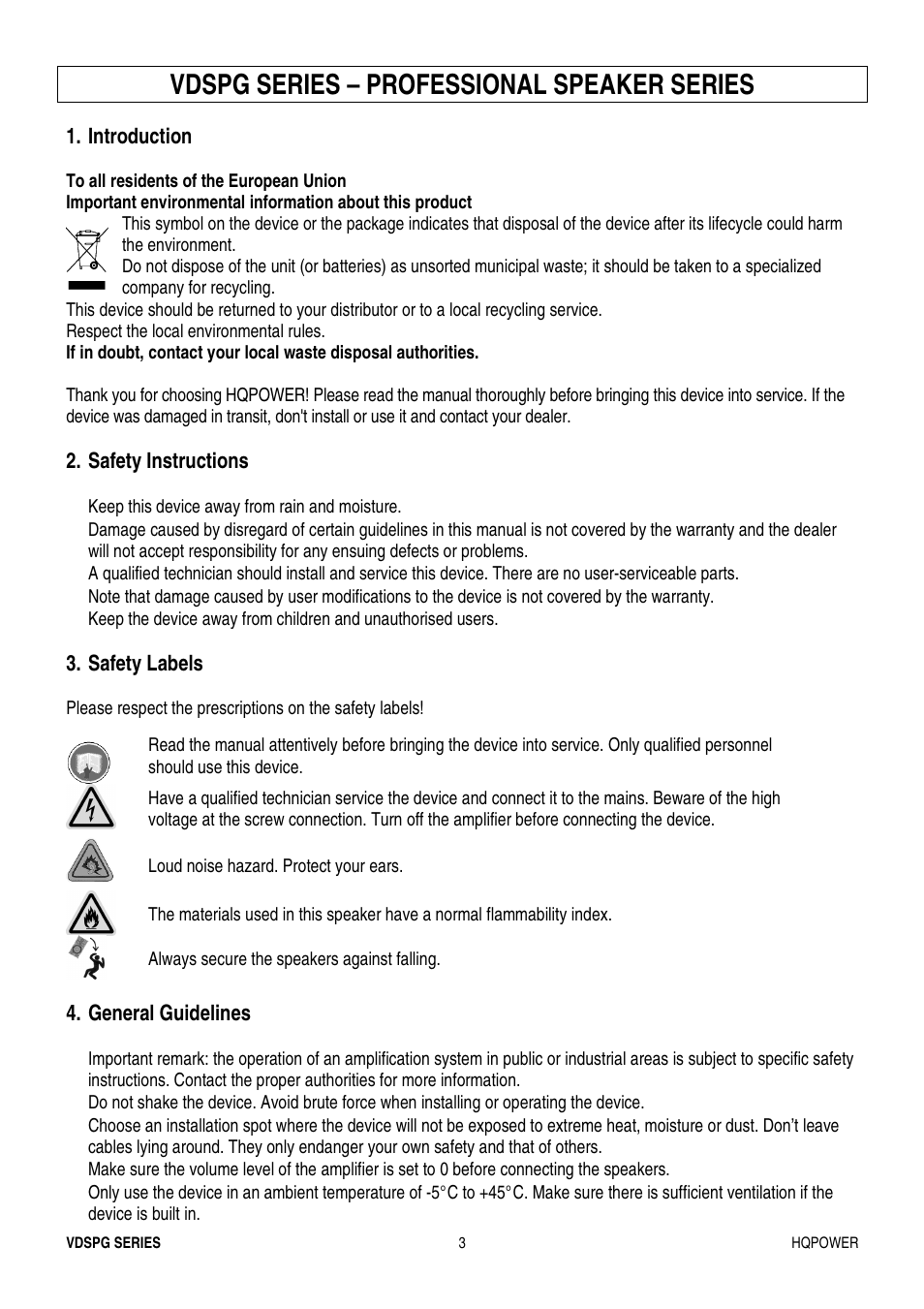 Vdspg series – professional speaker series | Velleman VDSPG15 User Manual | Page 3 / 17