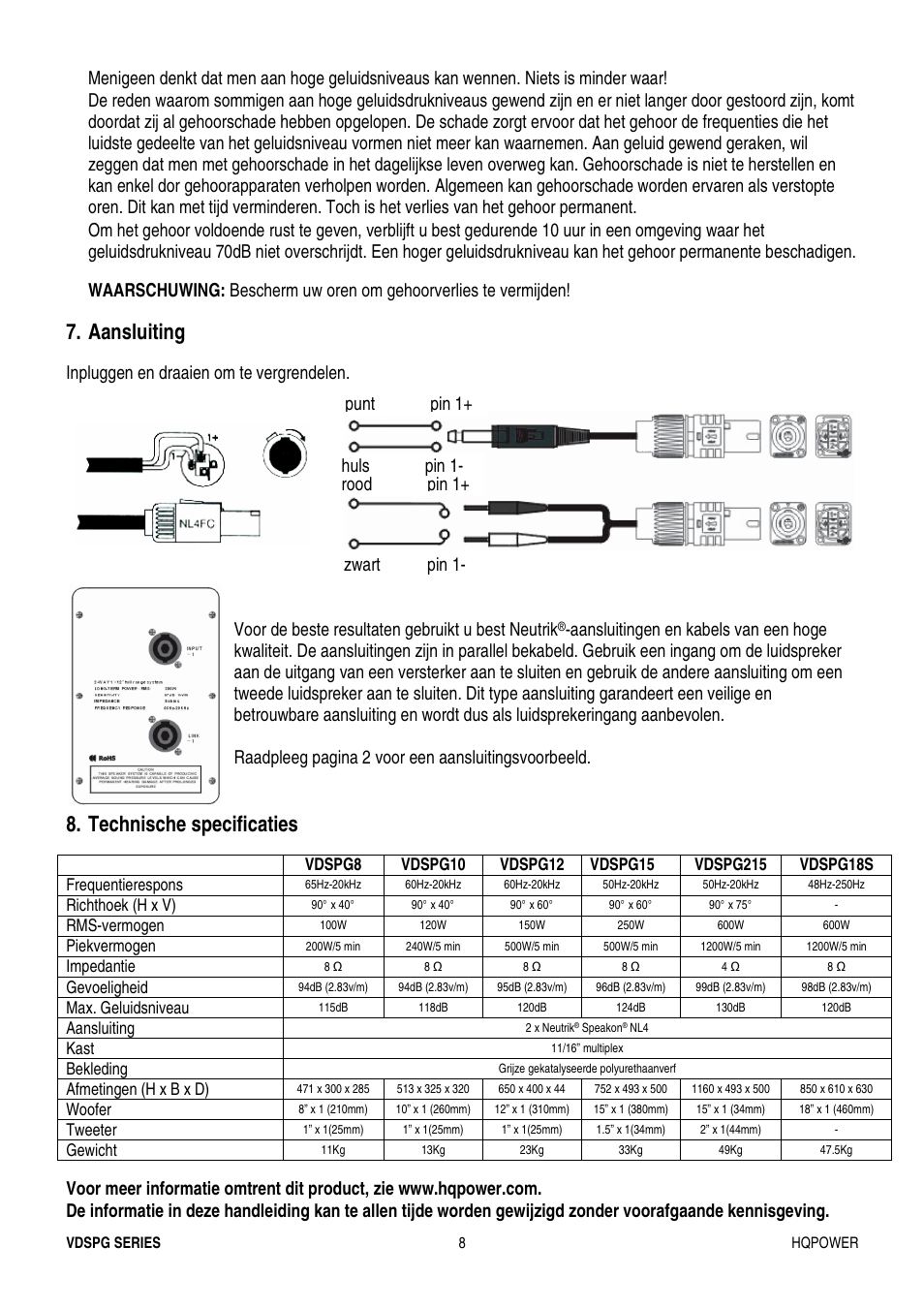 Aansluiting, Technische specificaties | Velleman VDSPG15 User Manual | Page 8 / 17