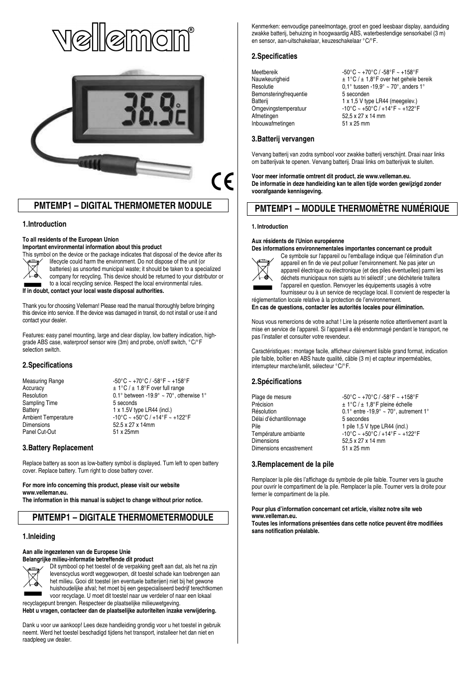 Velleman PMTEMP1 User Manual | 2 pages