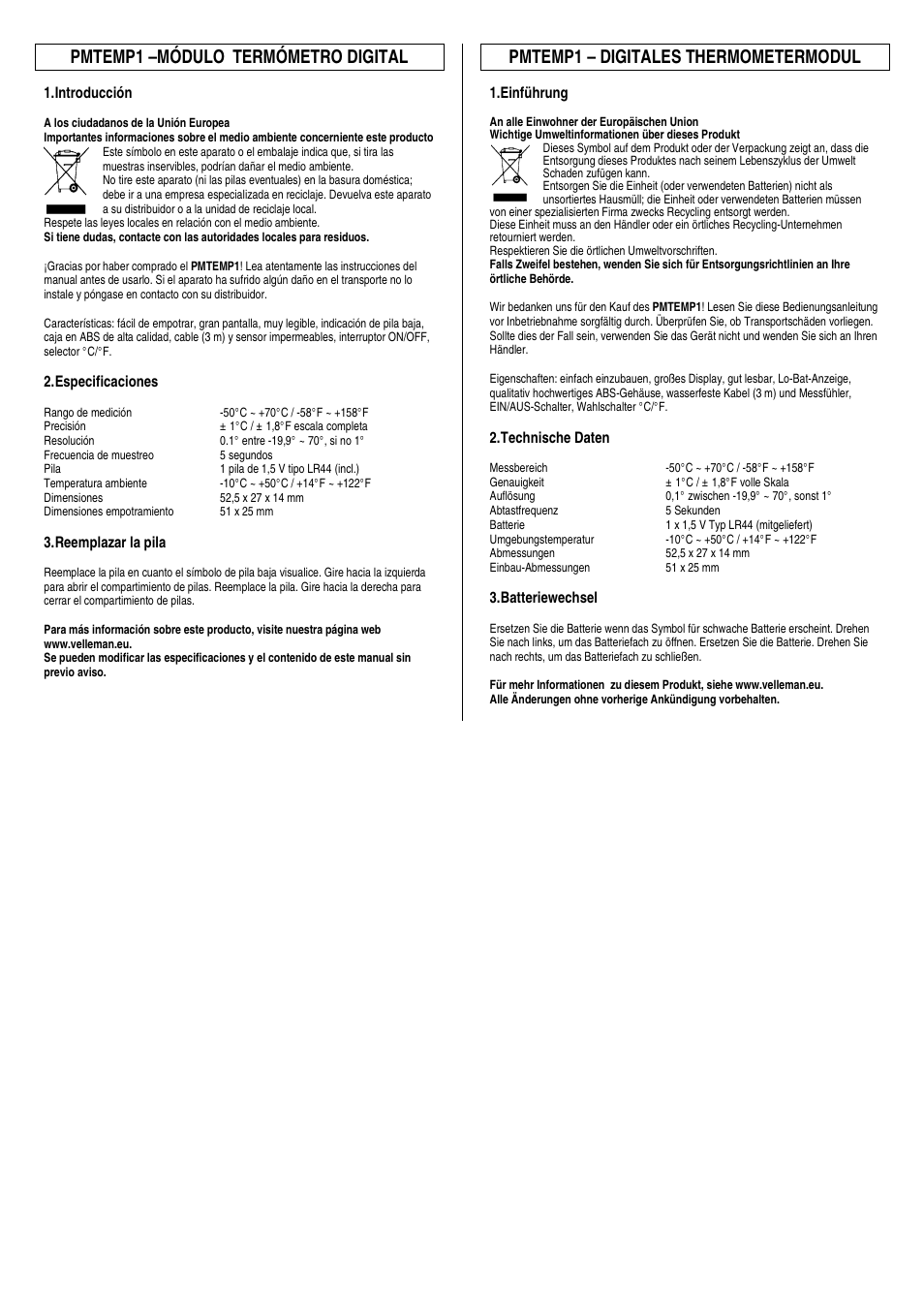 Pmtemp1 –módulo, Termómetro digital, Pmtemp1 – digitales thermometermodul | Velleman PMTEMP1 User Manual | Page 2 / 2