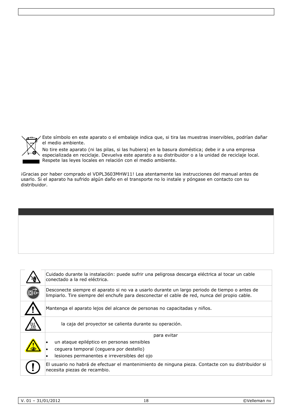 Manual del usuario, Anual, L del u | Usuar, Introdu, Instruc, Ucción, Cciones d, De segur, Ridad | Velleman VDPL3603MHW11 User Manual | Page 18 / 29