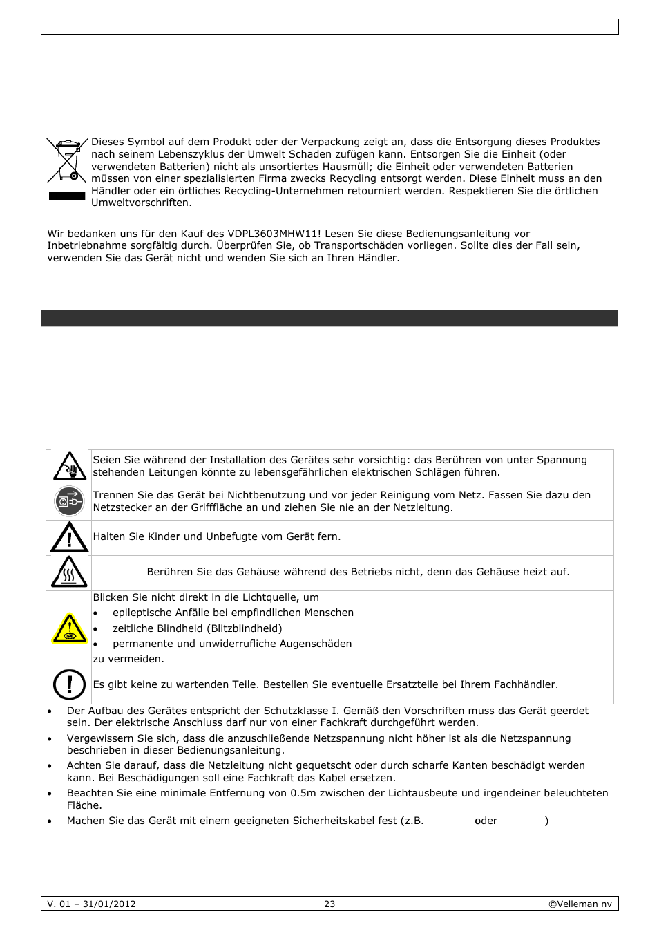 Bedienungsanleitung, Dienun, Ngsan | Nleitu, Einführ, Sicherh, Rung, Heitshinw, Weise | Velleman VDPL3603MHW11 User Manual | Page 23 / 29