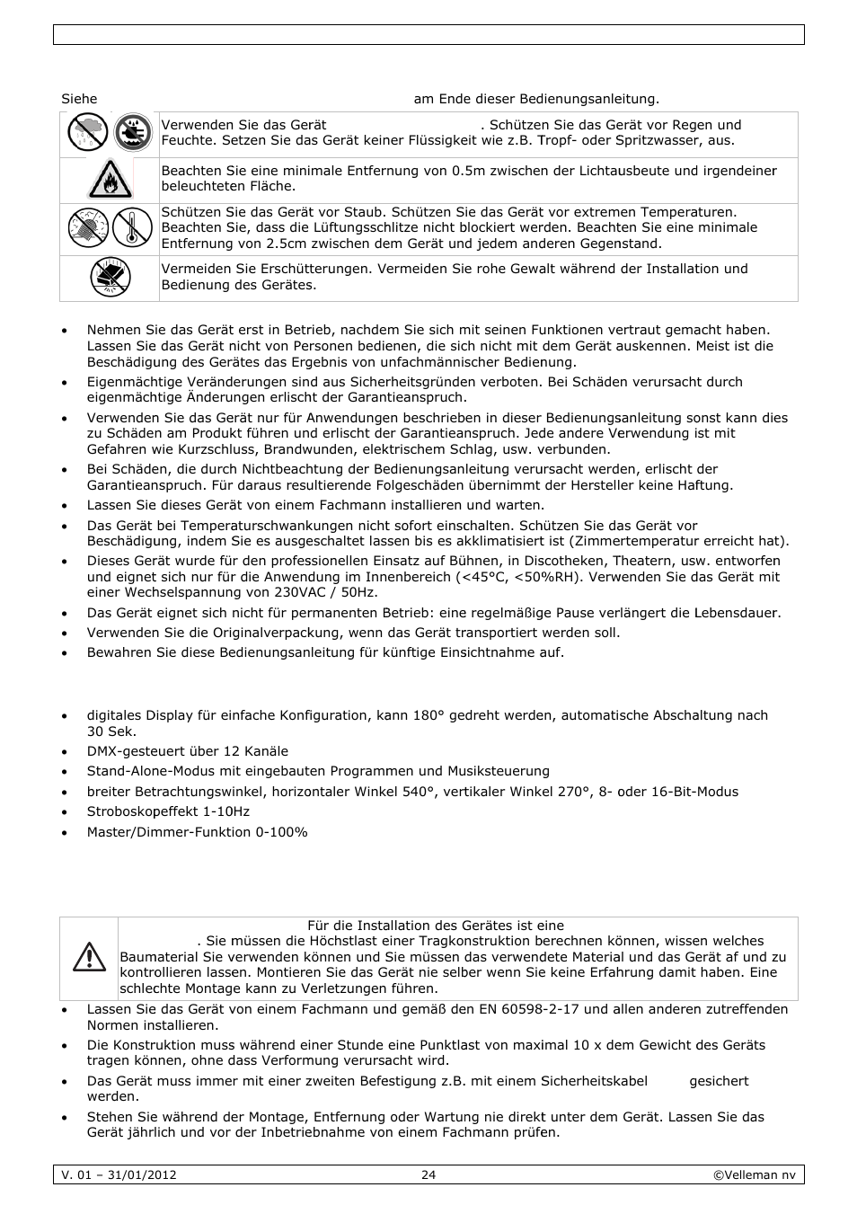 Allgem, Eigensc, Installa | Eine rich, Chaften, Ation, Htlinien | Velleman VDPL3603MHW11 User Manual | Page 24 / 29