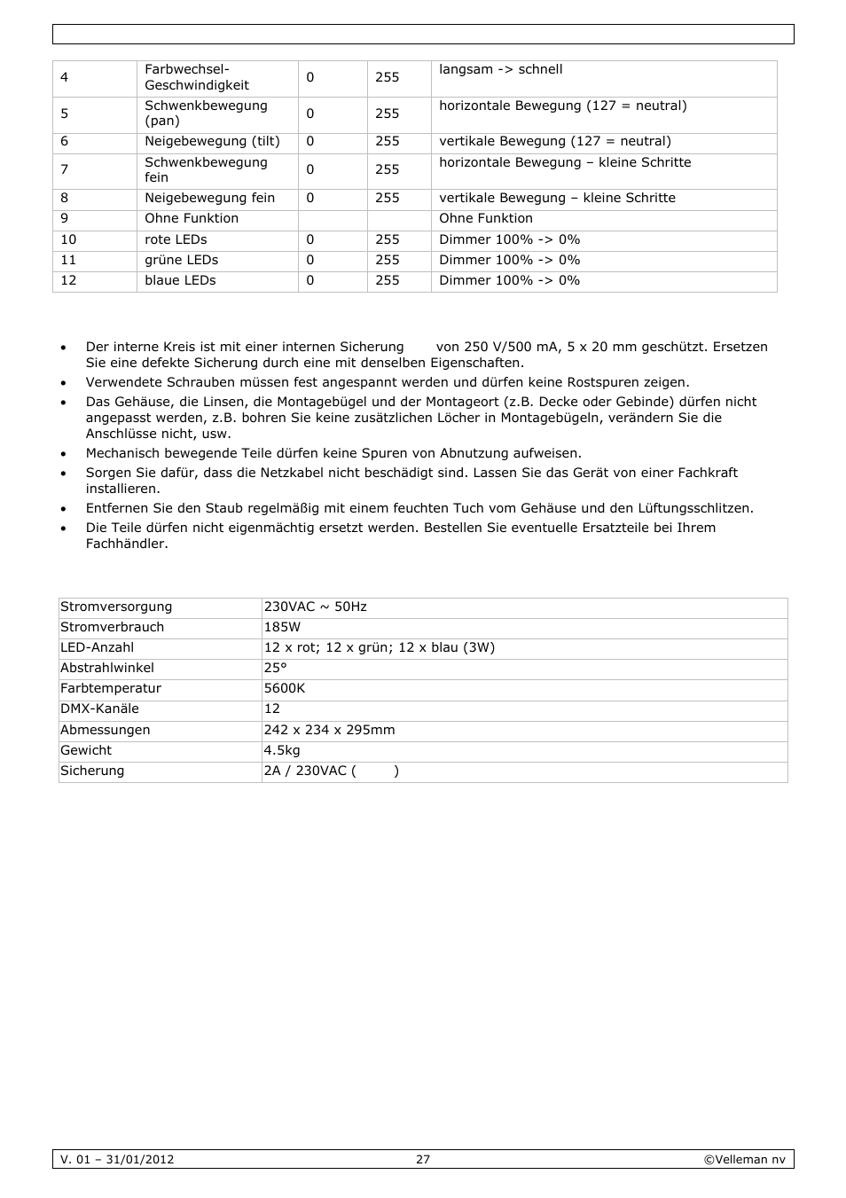 Reinigung und wartung, Technische daten | Velleman VDPL3603MHW11 User Manual | Page 27 / 29