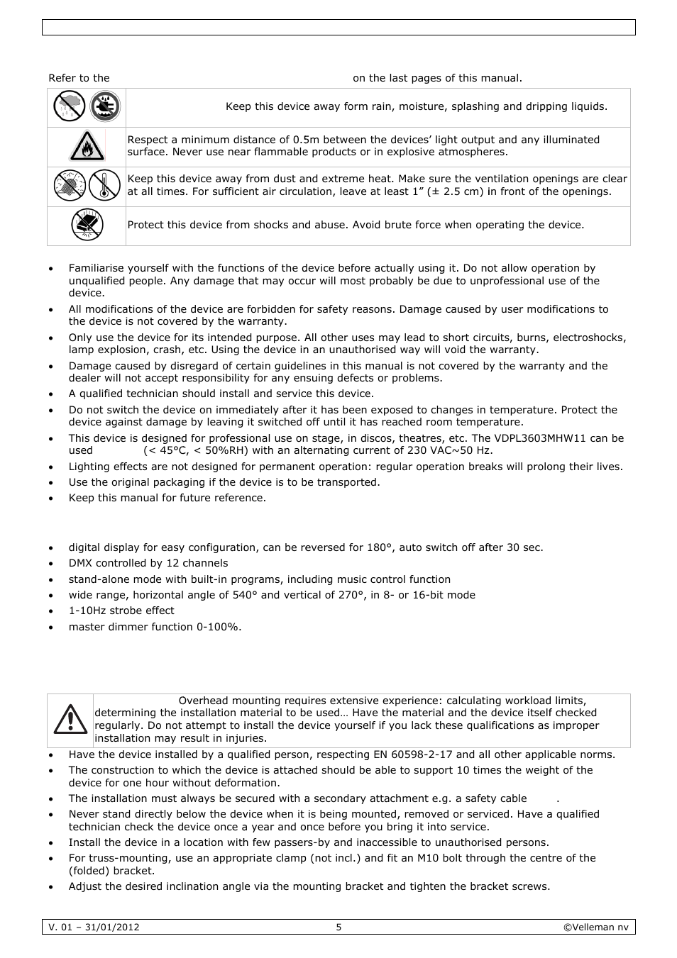 Genera, Feature, Installa | Al guideli, Ation, Ines | Velleman VDPL3603MHW11 User Manual | Page 5 / 29