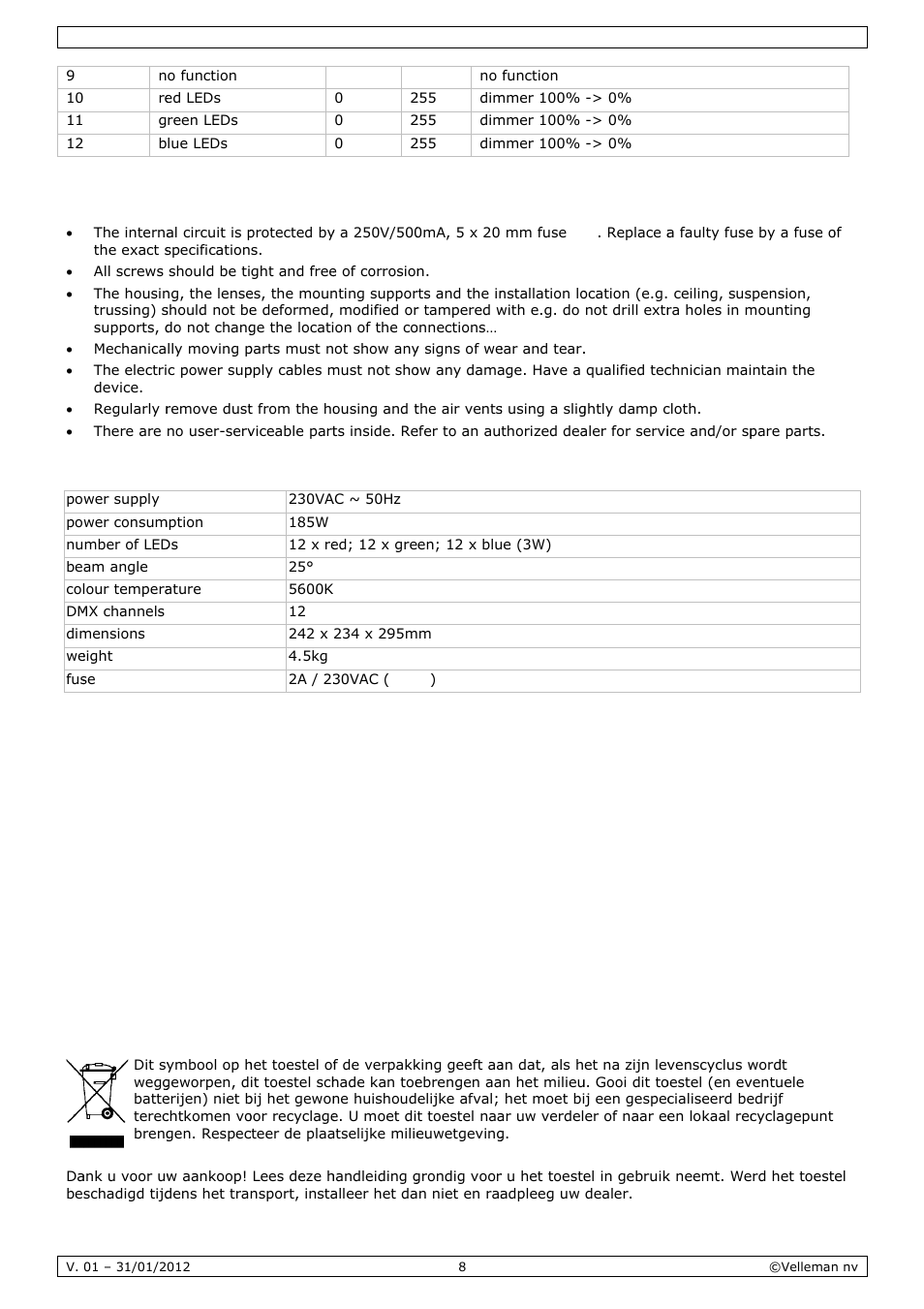 Gebruikershandleiding, Ebruike, Ershan | Ndleidi, Cleanin, Technic, Inleidin, Ng and m, Cal speci, Maintena | Velleman VDPL3603MHW11 User Manual | Page 8 / 29