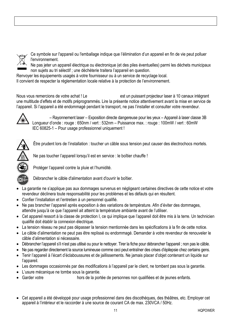 Introduction, Prescriptions de sécurité, Directives générales | Velleman VDP1601RGLD10 User Manual | Page 11 / 25