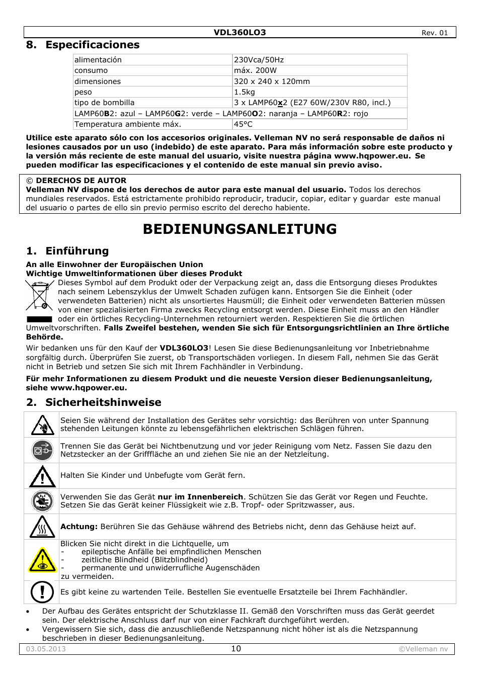 Especificaciones, Bedienungsanleitung, Einführung | Sicherheitshinweise | Velleman VDL360LO3 User Manual | Page 10 / 14