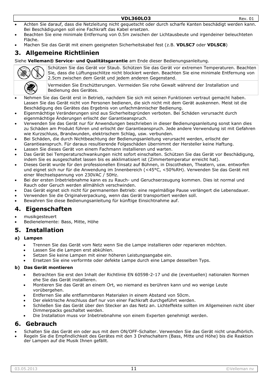 Allgemeine richtlinien, Eigenschaften, Installation | Gebrauch | Velleman VDL360LO3 User Manual | Page 11 / 14