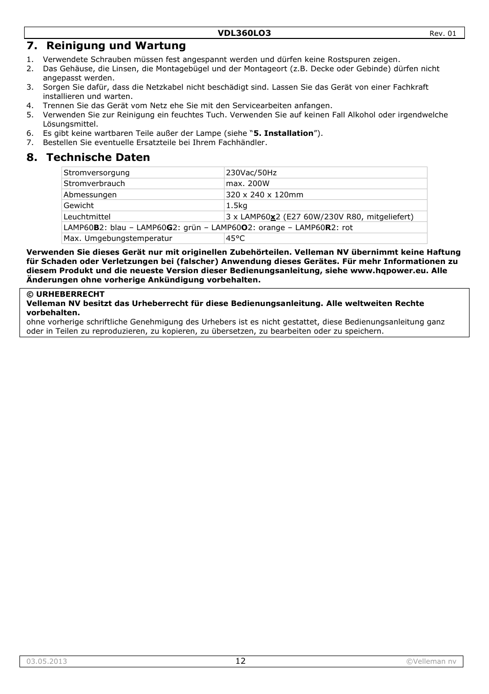 Reinigung und wartung, Technische daten, Warranty - garantie - garantia | Velleman VDL360LO3 User Manual | Page 12 / 14