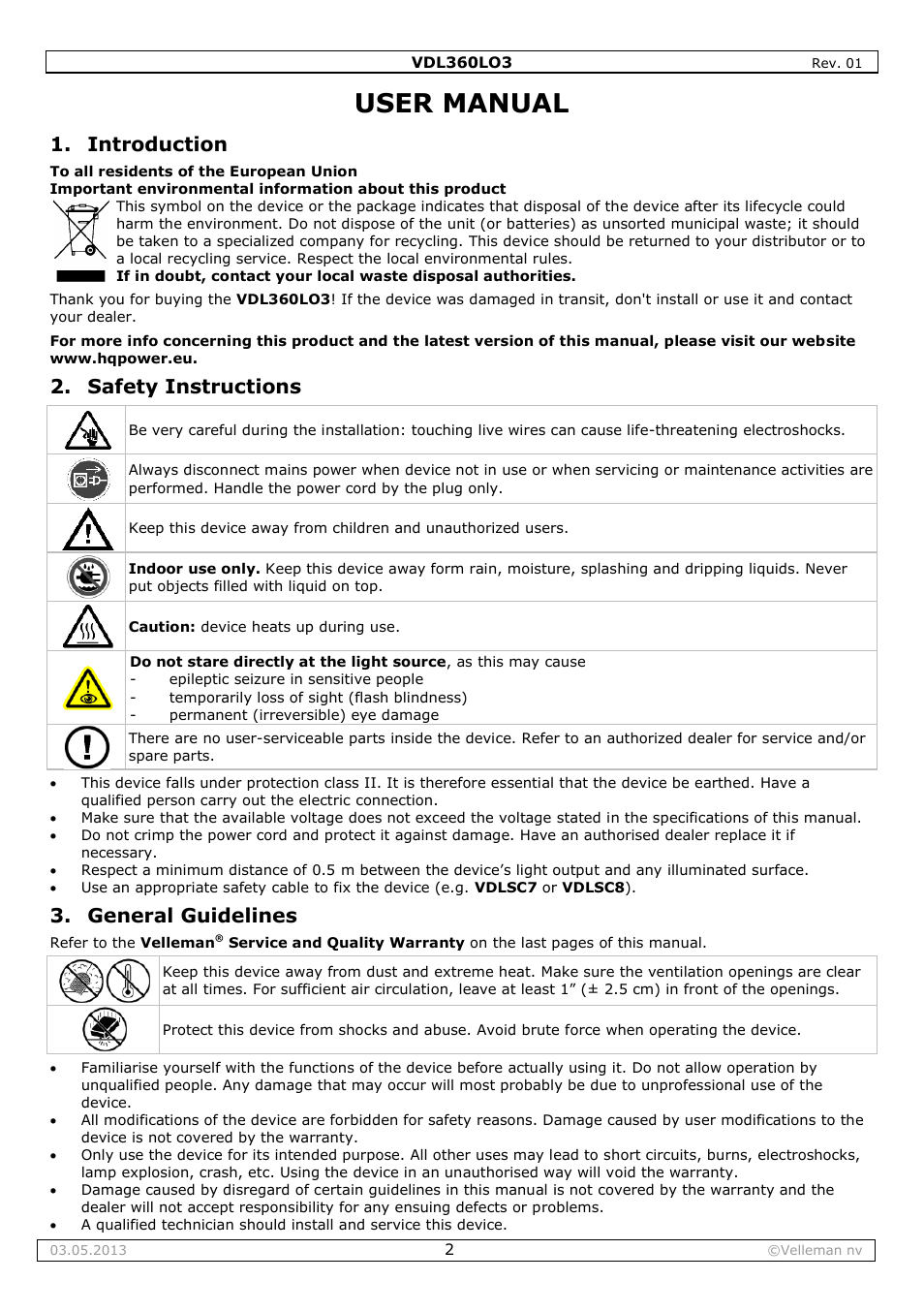 User manual, Introduction, Safety instructions | General guidelines | Velleman VDL360LO3 User Manual | Page 2 / 14