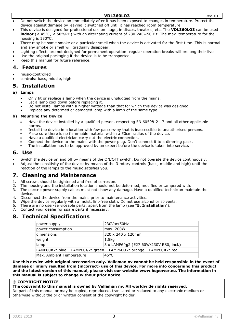 Features, Installation, Cleaning and maintenance | Technical specifications | Velleman VDL360LO3 User Manual | Page 3 / 14