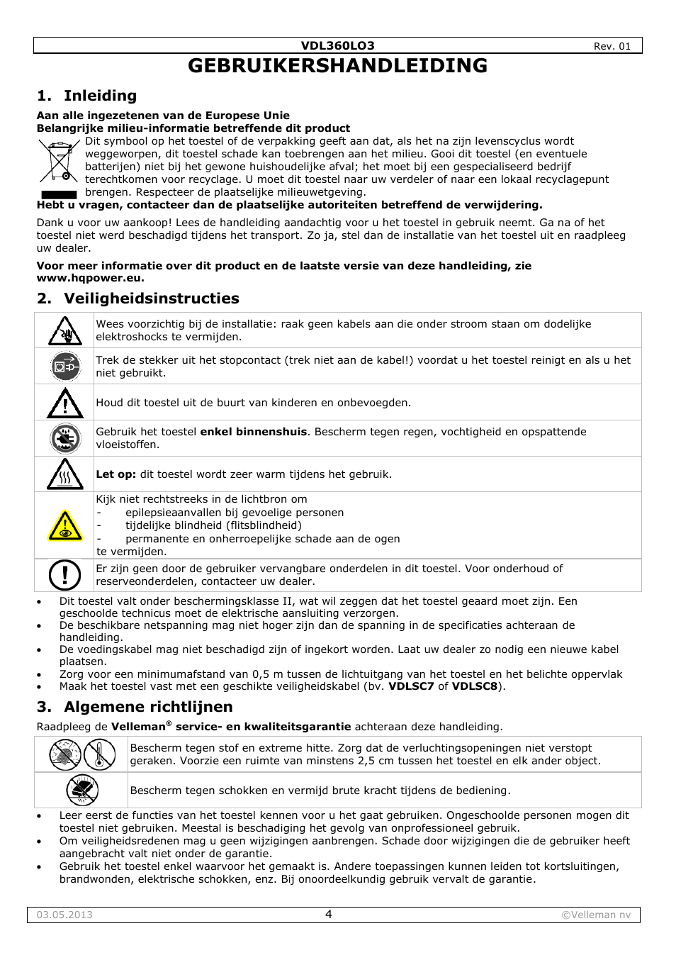 Gebruikershandleiding, Inleiding, Veiligheidsinstructies | Algemene richtlijnen | Velleman VDL360LO3 User Manual | Page 4 / 14