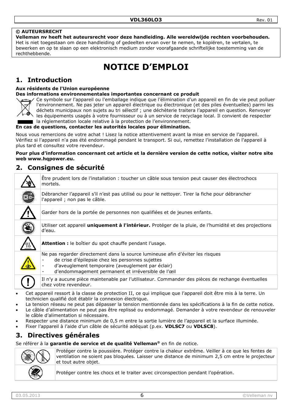 Notice d’emploi, Introduction, Consignes de sécurité | Directives générales | Velleman VDL360LO3 User Manual | Page 6 / 14