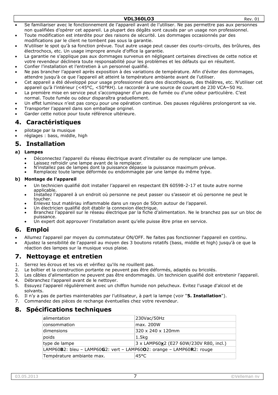 Caractéristiques, Installation, Emploi | Nettoyage et entretien, Spécifications techniques | Velleman VDL360LO3 User Manual | Page 7 / 14