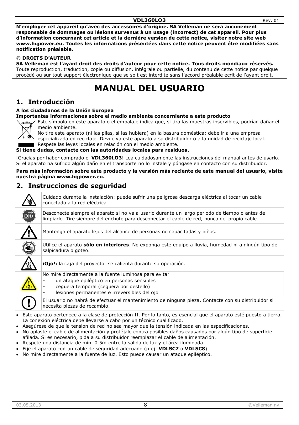 Manual del usuario, Introducción, Instrucciones de seguridad | Velleman VDL360LO3 User Manual | Page 8 / 14