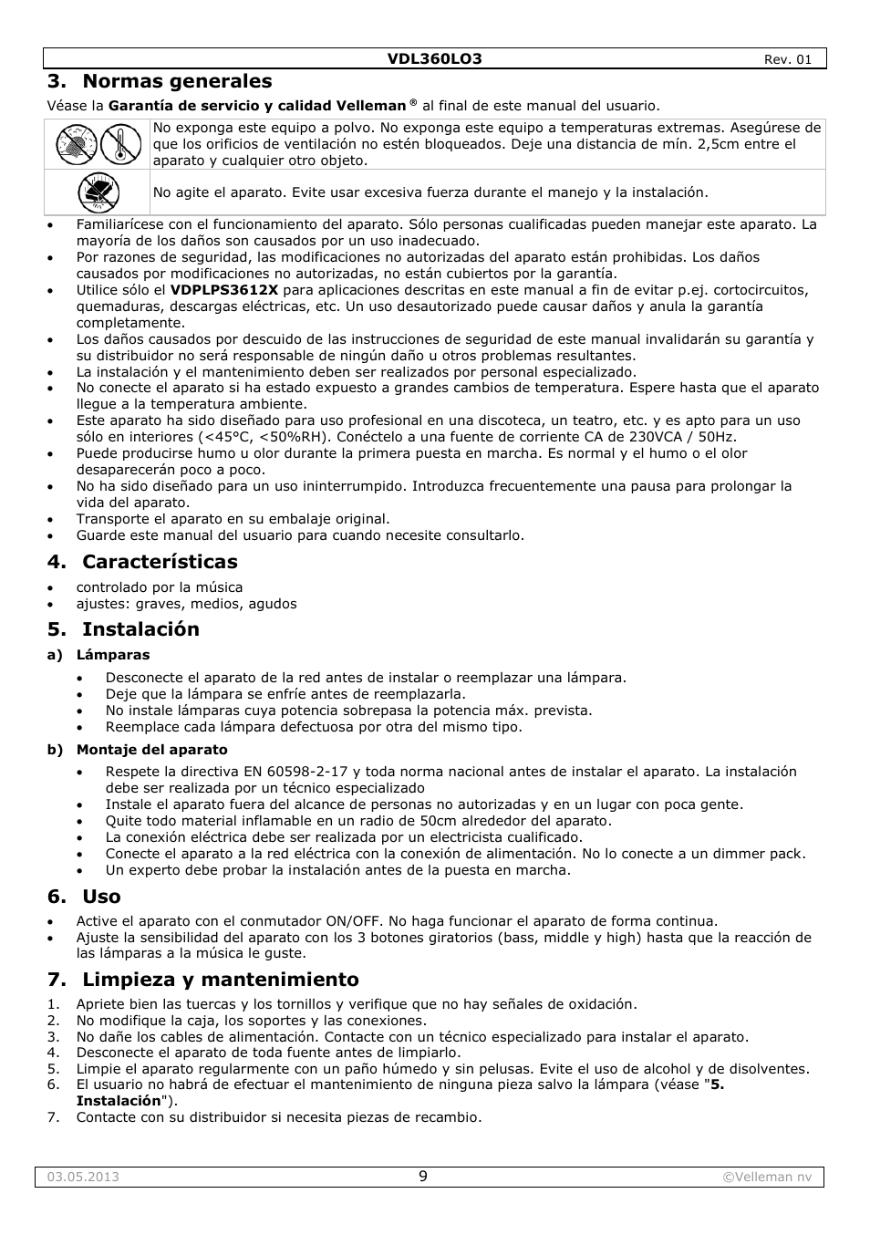 Normas generales, Características, Instalación | Limpieza y mantenimiento | Velleman VDL360LO3 User Manual | Page 9 / 14