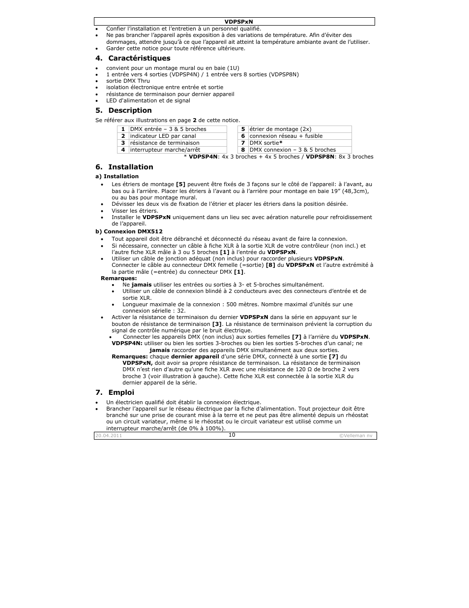 Caractéristiques, Description, Installation | Emploi | Velleman VDPSPxN User Manual | Page 10 / 18