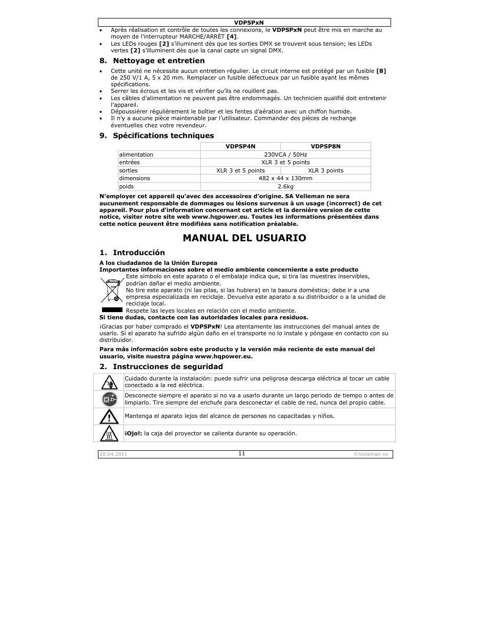 Manual del usuario, Manu, Ual del u | Usuario, Ettoyage et e, Pécifications, Troducción, Strucciones, Entretien, Techniques | Velleman VDPSPxN User Manual | Page 11 / 18