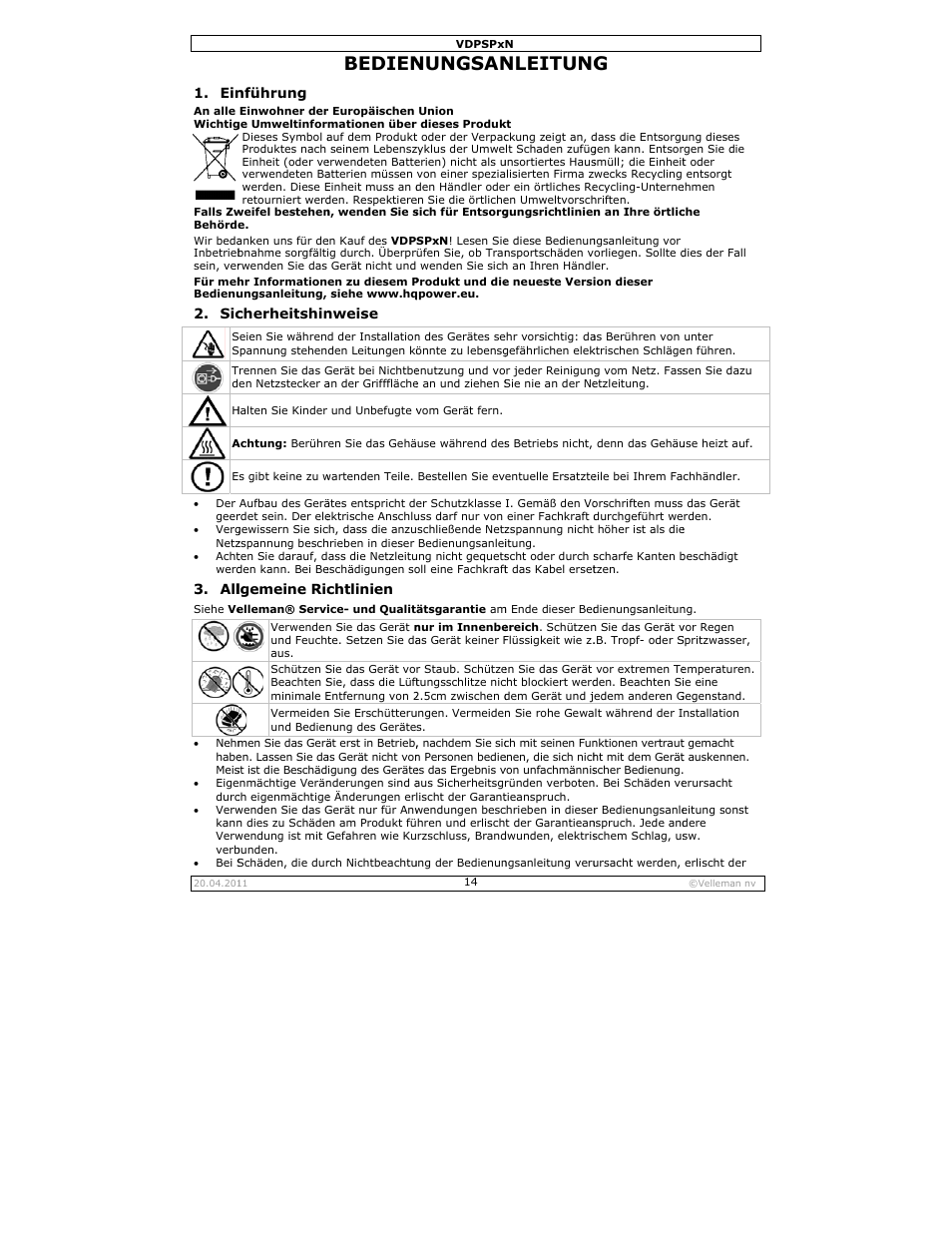 Bedienungsanleitung, Bedien, Nungsan | Nleitung, Nführung, Cherheitshin, Lgemeine ric, Nweise, Chtlinien | Velleman VDPSPxN User Manual | Page 14 / 18