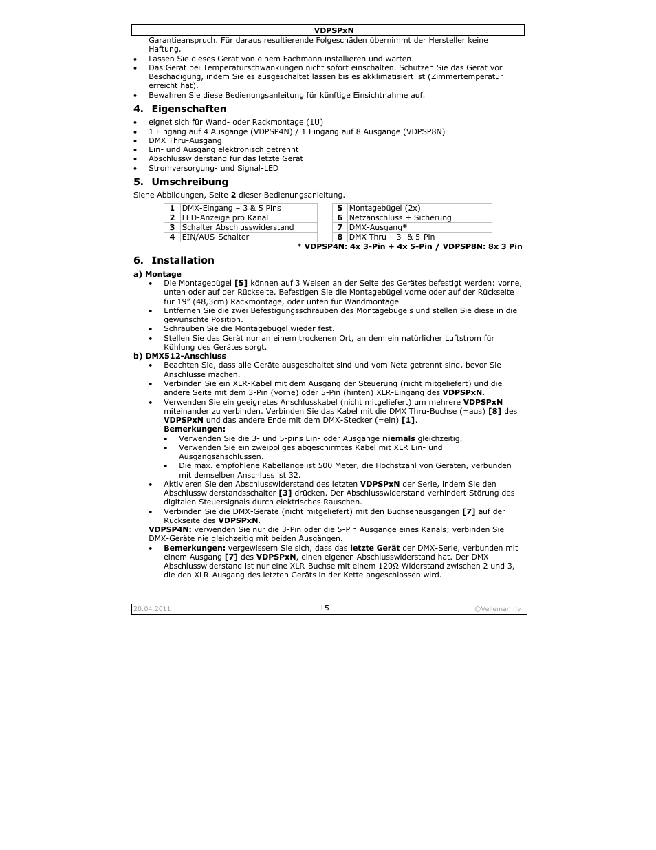 Eigenschaften, Umschreibung, Installation | Velleman VDPSPxN User Manual | Page 15 / 18