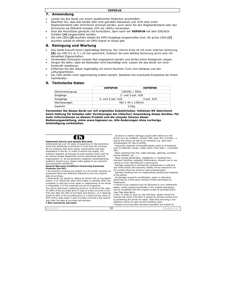 Anwendung, Reinigung und wartung, Technische daten | Velleman VDPSPxN User Manual | Page 16 / 18