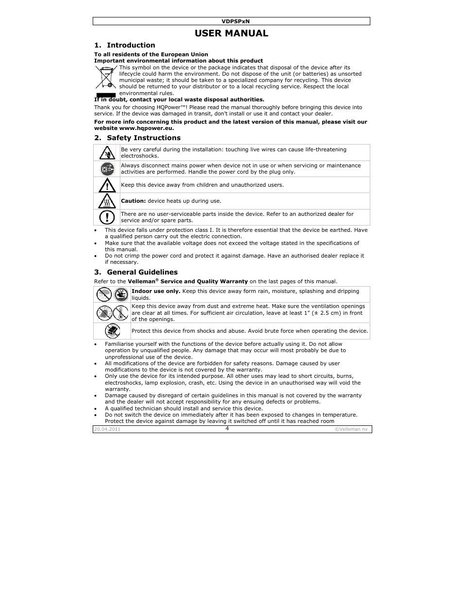 User manual, Ser man, Nual | Troduction, Fety instruc, Eneral guide, Ctions, Elines | Velleman VDPSPxN User Manual | Page 4 / 18