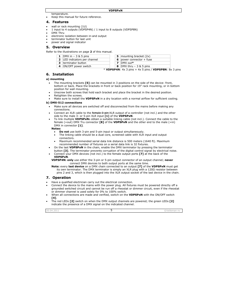 Features, Overview, Installation | Operation | Velleman VDPSPxN User Manual | Page 5 / 18