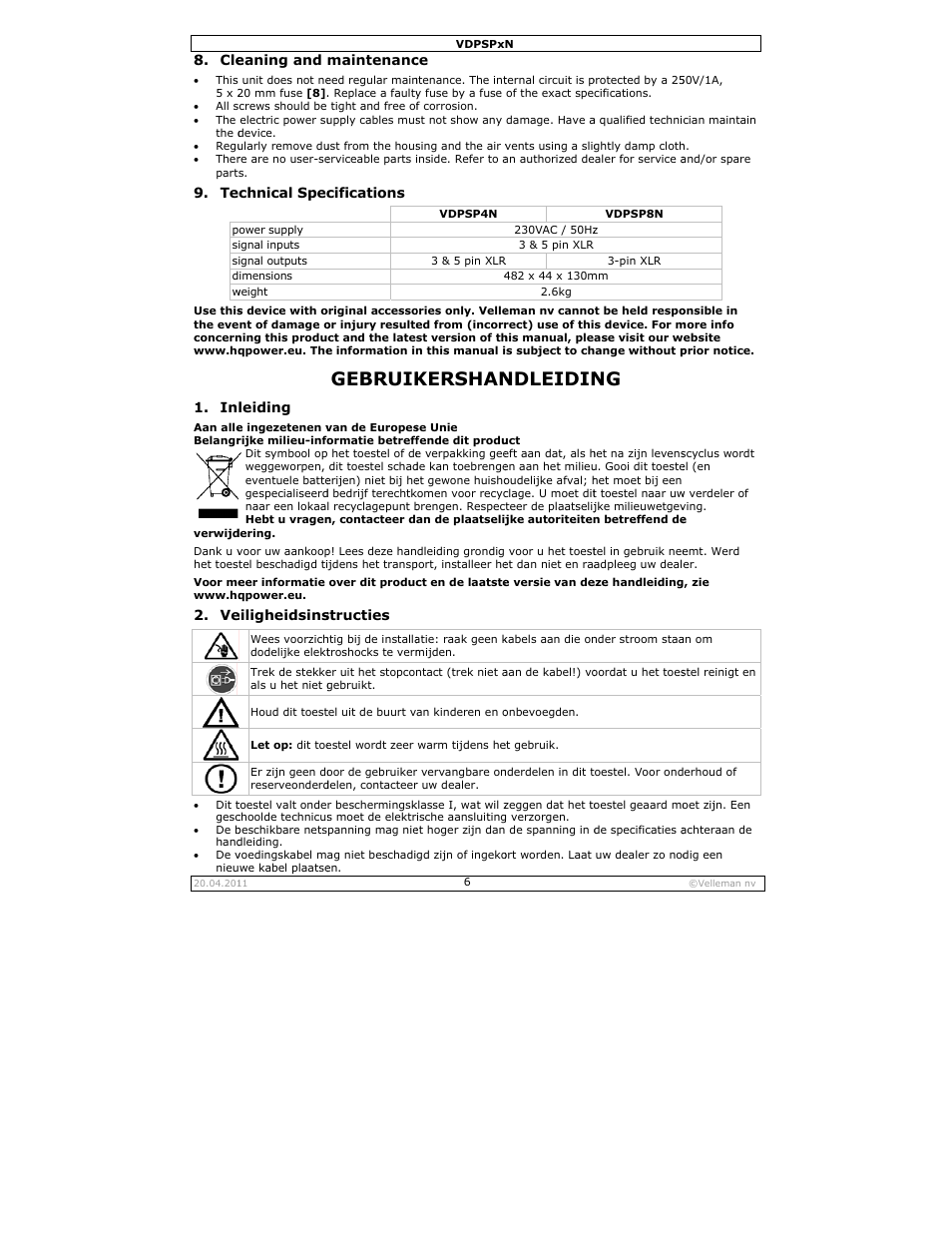 Gebruikershandleiding, Gebruik, Kershan | Ndleidin, Eaning and, Chnical spec, Leiding, Eiligheidsins, Maintenanc, Cifications | Velleman VDPSPxN User Manual | Page 6 / 18