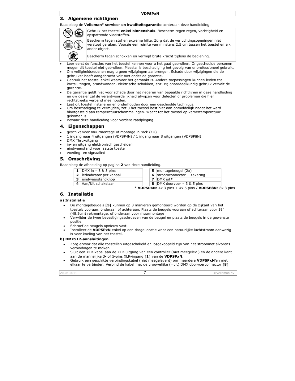Gemene rich, Genschappe, Mschrijving | Stallatie, Htlijnen | Velleman VDPSPxN User Manual | Page 7 / 18
