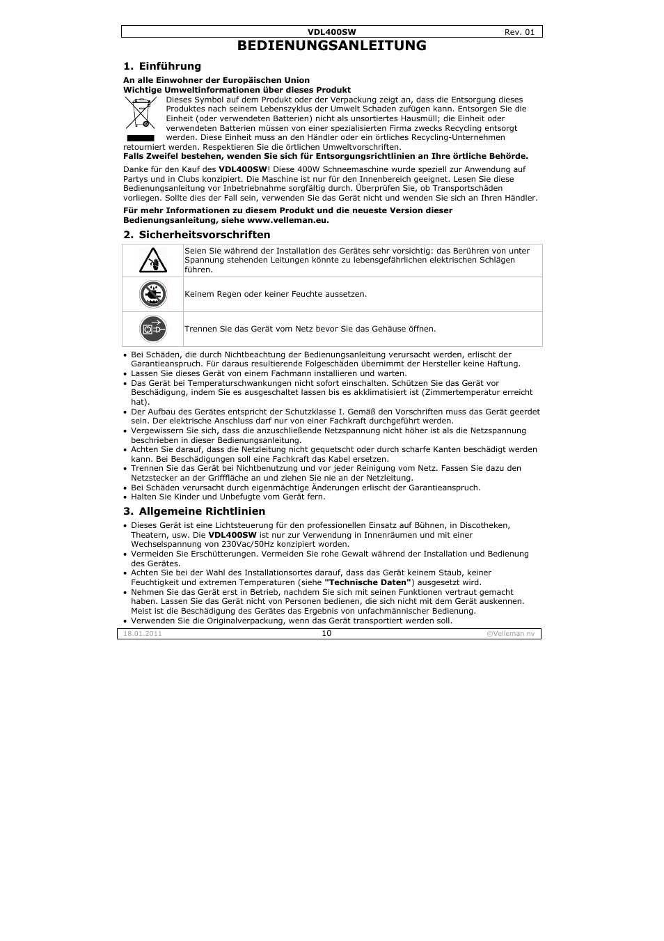 Bedie, Enungs, Anleitu | Velleman VDL400SW User Manual | Page 10 / 13