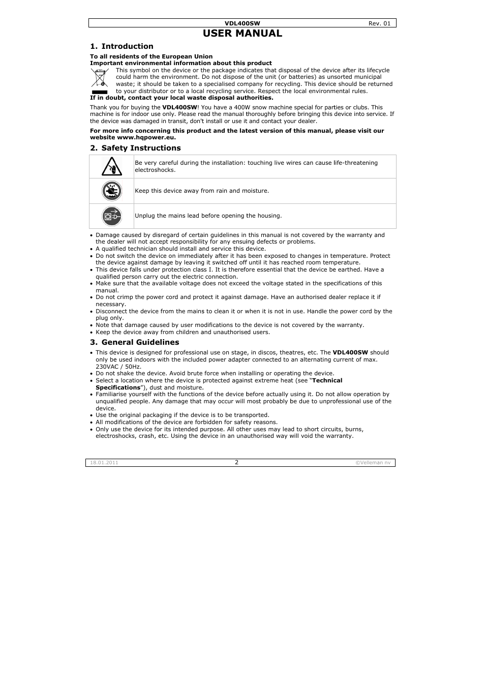 User ma, Anual | Velleman VDL400SW User Manual | Page 2 / 13