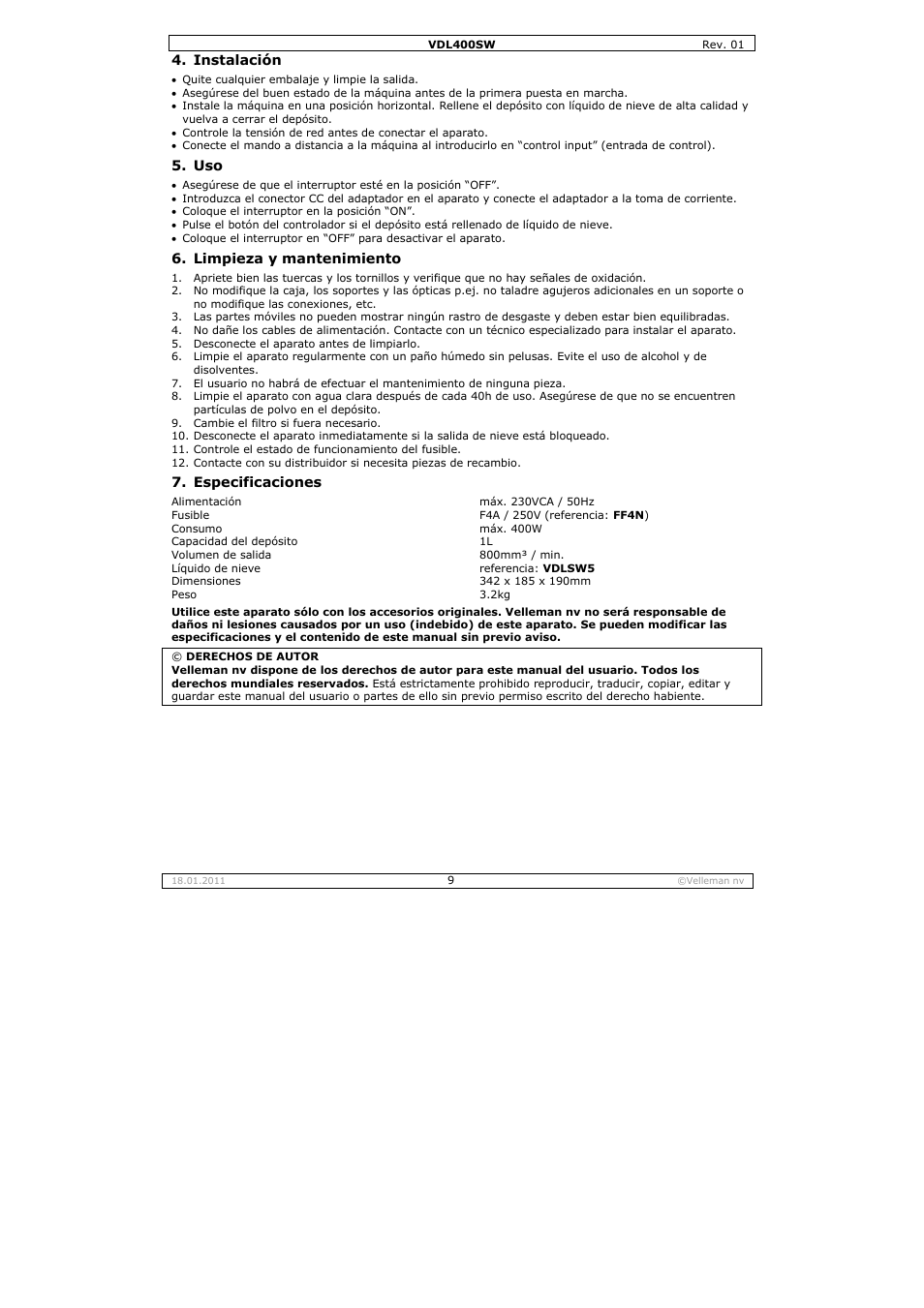 Velleman VDL400SW User Manual | Page 9 / 13