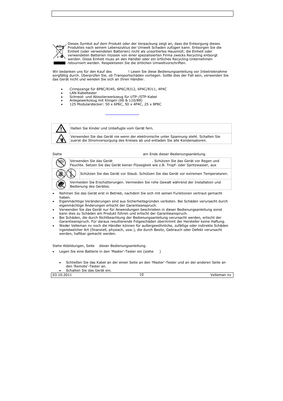 Bedienungsanleitung, Dienungs, Sanleitun | Velleman VTMUS3 User Manual | Page 10 / 13