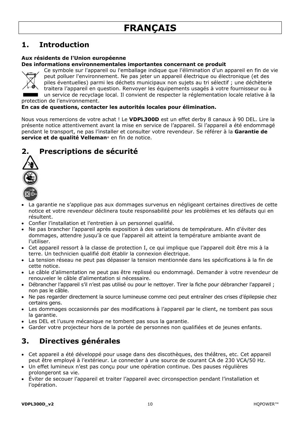 Rança, Intr, Pres | Dire, Roductio, Scriptio, Ectives, Ons de s, Généra, Sécurité | Velleman VDPL300D User Manual | Page 10 / 23