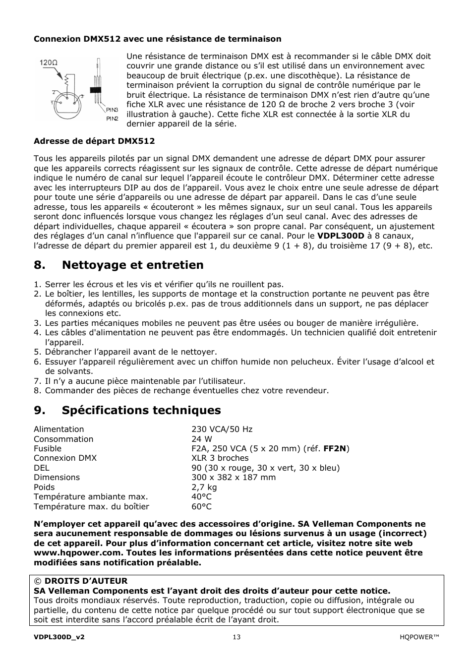 Nettoyage et entretien, Spécifications techniques | Velleman VDPL300D User Manual | Page 13 / 23