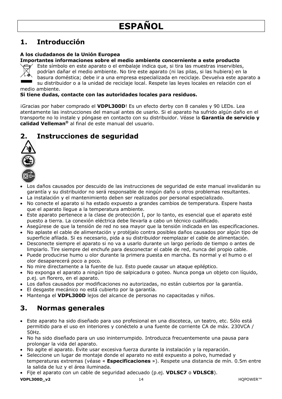 Spaño, Intr, Inst | Roducció, Truccion, Mas ge, Nes de s, Enerales, Segurid | Velleman VDPL300D User Manual | Page 14 / 23