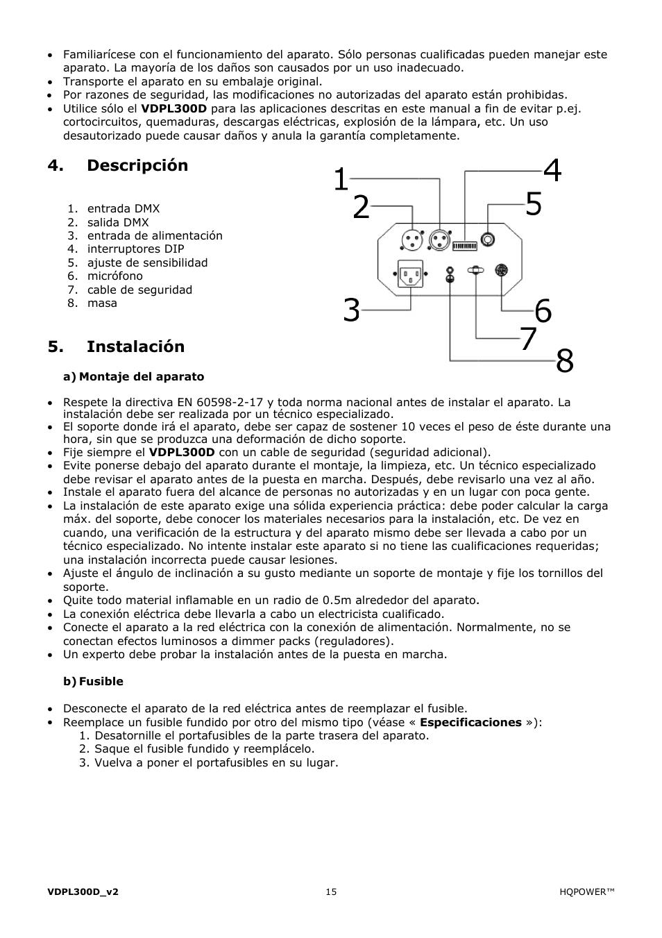 Inst, Cripción, Talación | Velleman VDPL300D User Manual | Page 15 / 23